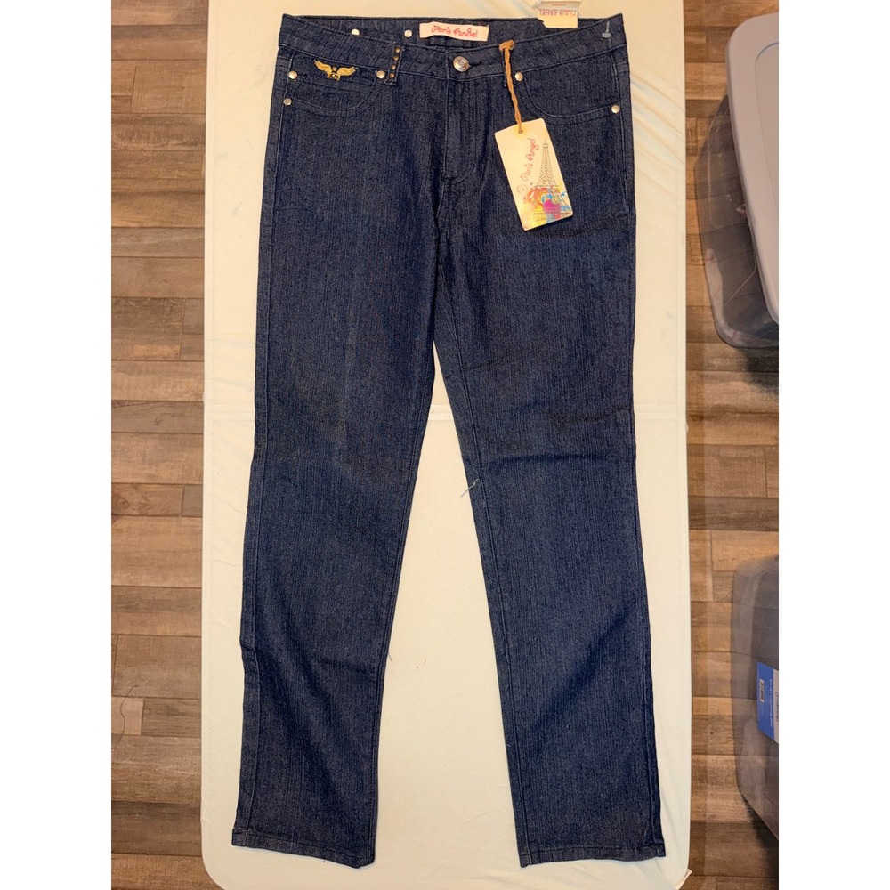 Paris Angel Womens Dark Wash Studded Wing Embroidered Straight Leg Jeans 13/14